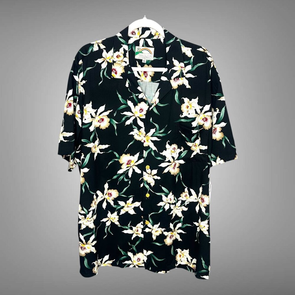 Paradise Found Star Orchid Black Hawaiian Shirt Tom Selleck Magnum PI Style XL